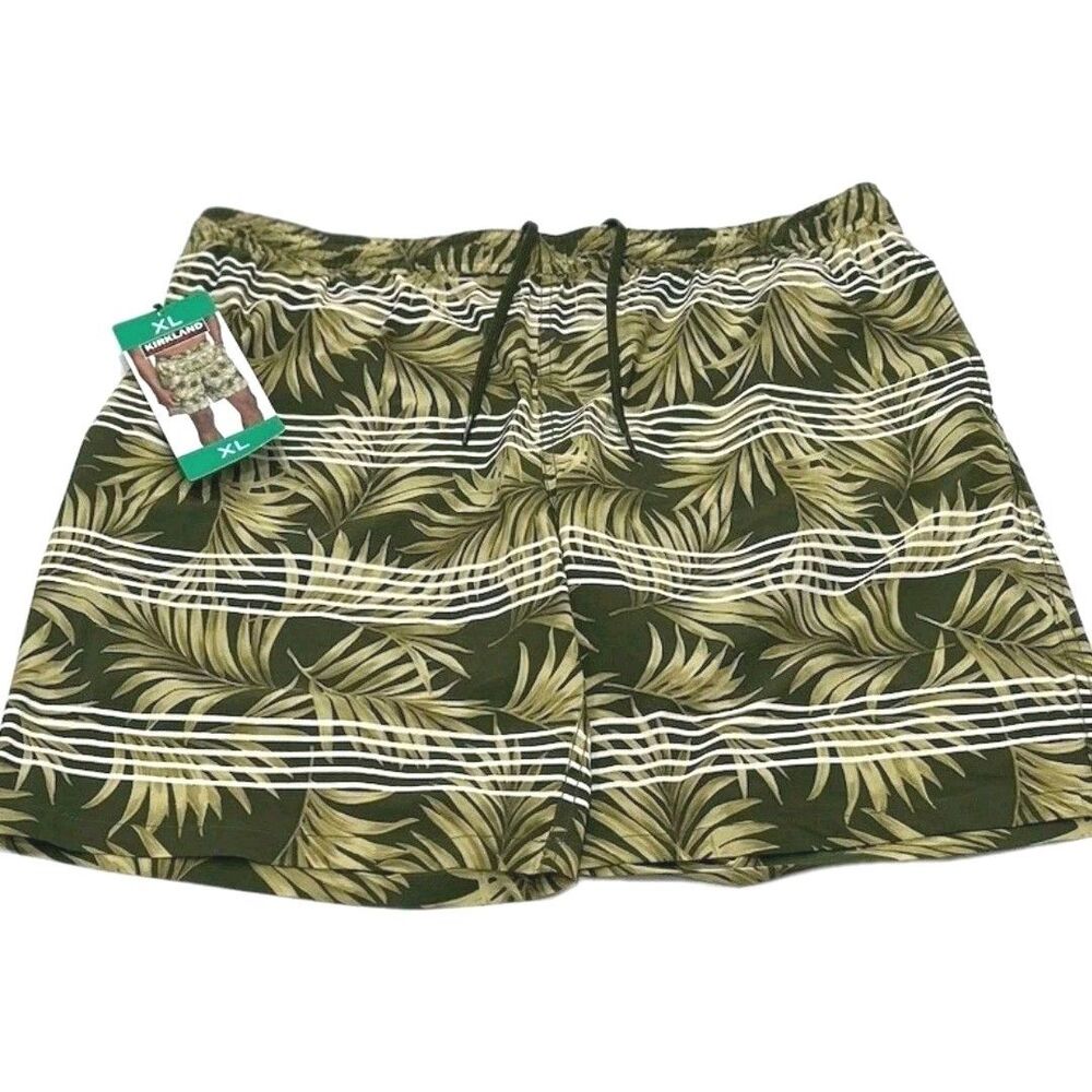 Kirkland Signature Men's XL Stretch Swim Shorts Green Palm Stripe Pockets